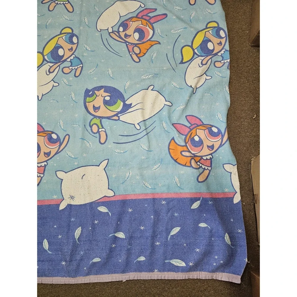 Vintage Cartoon Network Powerpuff Girls Blue Kids ~90x74 Blanket 2000 USA Fabric